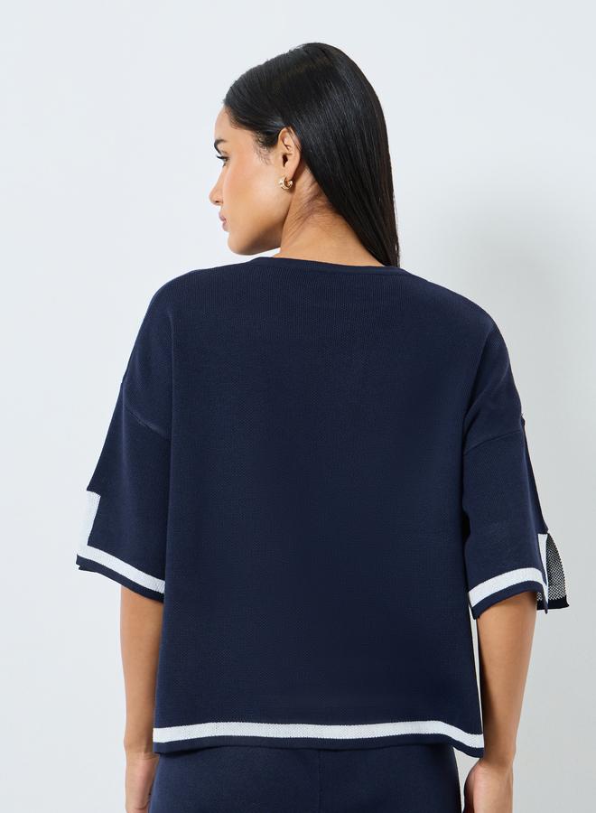 Styli Contrast Trim Slit Sleeve Knit Top - Image 5